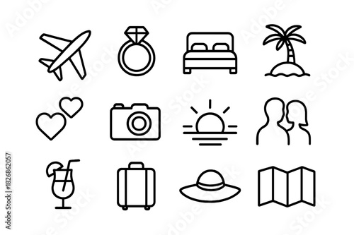 Honeymoon Icons Set. Honeymoon trip. Line icon set of honeymoon trip: airplane, ring, bed, palm island, camera, hearts, sunset, couple silhouette, cocktail,