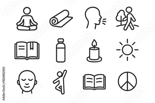 Mindful Icon Collection. Mindful Break. Line icon set of Mindful Break: meditation pose, yoga mat, breathing exercise, nature walk, journal, water bottle,