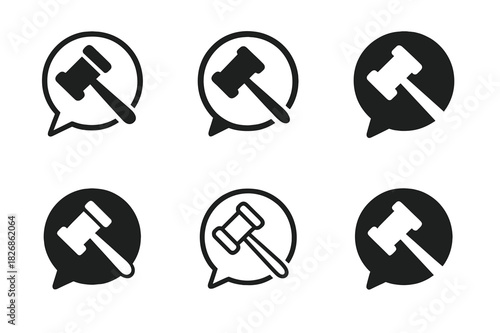Debate Icon Logos. Public speaking classes and debate competitions. Icon set. Set Logo of Public speaking classes and debate competitions: gavel with speech