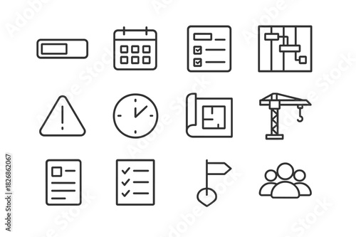 Construction Icon Set. Construction dashboard. Line icon set of Construction dashboard: progress bar, calendar, task list, Gantt chart, alert notification,