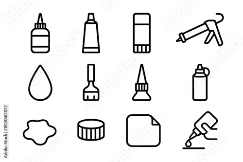 Office Adhesive Icons. Office adhesives. Line icon set of Office adhesives: adhesive bottle, glue tube, glue stick, caulking gun, glue drop, glue brush, nozzle