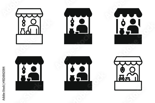 Craft Vendor Logos. Vendors selling crafts. Icon set. Set Logo of craft vendors: artisan market stall. harmonious logo variations of the same emblematic