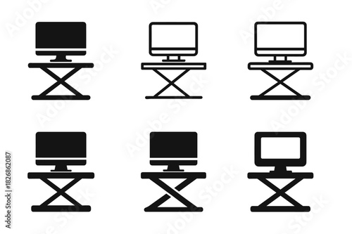 Remote Work Icon Set. Remote work setups and home office environments. Icon set. Set Logo of Remote work setups and home office environments: standing desk