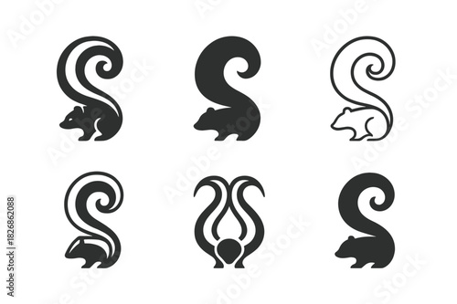 Stylized Skunk Logos. Skunk. Icon set. Set Logo of Skunk: stylized skunk tail swirl. harmonious logo variations of the same emblematic concept, each with