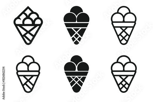 Ice Cream Bar Logos. setting up an ice cream sundae bar. Icon set. Set Logo of setting up an ice cream sundae bar: waffle cones and scoops. harmonious logo