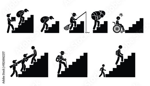 Stairs challenge stick figures different situations illustration