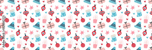 Seamless cute Christmas pattern with gifts, ornaments, candles, winter hats, socks, stars and hearts in soft red, blue and pink tones. Festive holiday background for wrapping paper, textiles and decor