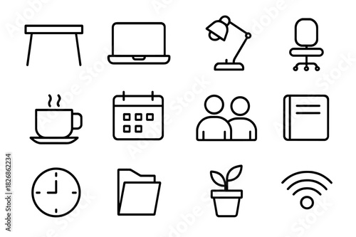 Coworking Icon Set. Coworking space. Line icon set of coworking space: desk, laptop, lamp, chair, coffee cup, calendar, people, notebook, clock, folder, plant,