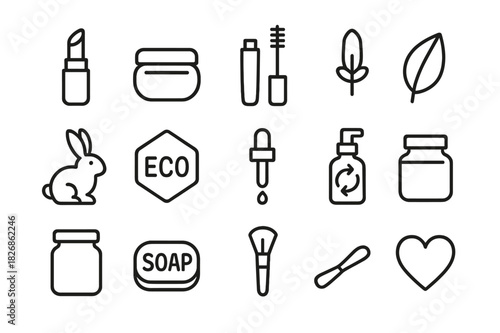 Vegan Beauty Icons. Vegan cosmetics. Line icon set of vegan cosmetics: lipstick, cream jar, mascara, leaf, bunny, eco label, dropper, refill bottle, glass jar,