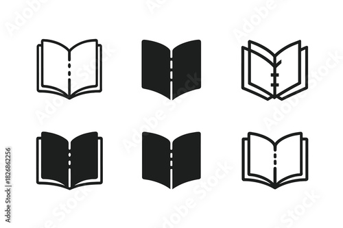 Book Binding Logos. Book binding. Icon set. Set Logo of book binding: open book with visible stitched spine. harmonious logo variations of the same emblematic