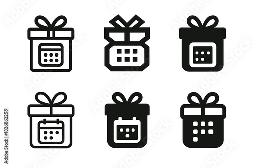 Subscription Box Logos. Subscription boxes. Icon set. Set Logo of subscription boxes: gift box with monthly icons. harmonious logo variations of the same