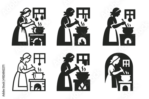 Farmhouse Cooking Icons. A farmer?s wife cooking a hearty meal in a farmhouse kitchen. Icon set. Set Logo of rustic home life: steaming pot of soup. harmonious