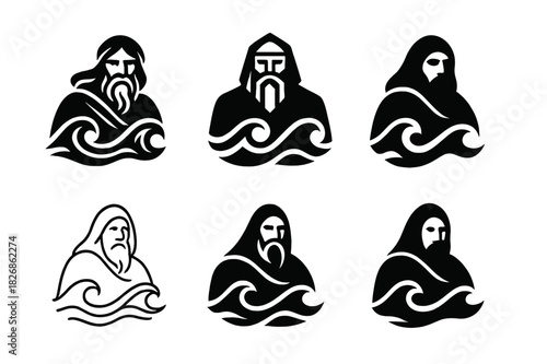 Celtic Gods Emblem Set. celtic gods. Icon set. Set Logo of celtic gods: Manannan mac Lir with waves and cloak. harmonious logo variations of the same