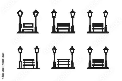 Town Square Logos. town square. Icon set. Set Logo of town square: lamp posts and benches silhouette. harmonious logo variations of the same emblematic