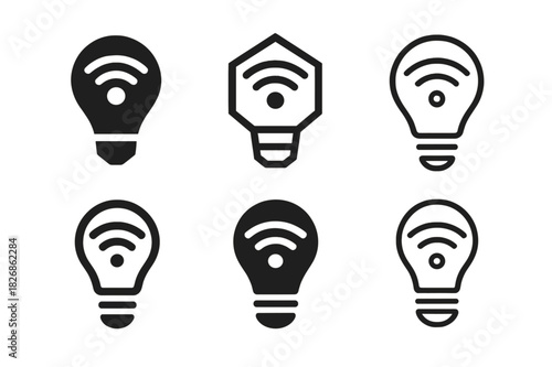 Smart Bulbs Logo Set. Setting up smart bulbs. Icon set. Set Logo of smart lighting: Wi-Fi light symbol. harmonious logo variations of the same emblematic