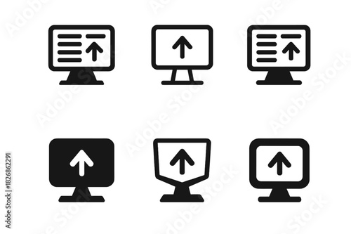 Broadcast Journalism Icons. Broadcast journalism. Icon set. Set Logo of Broadcast journalism: teleprompter screen with cue arrow. harmonious logo variations of