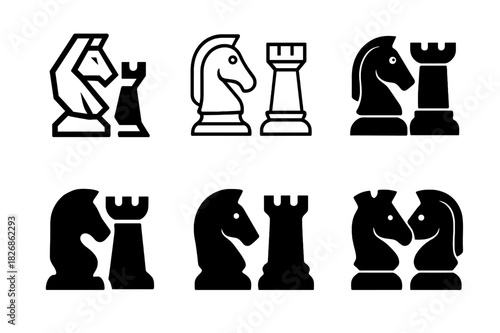 Strategic Chess Logos. Argumentation. Icon set. Set Logo of Argumentation: chess knight and rook in strategic faceoff. harmonious logo variations of the same