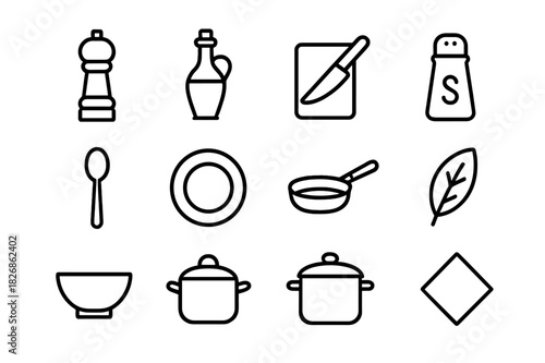Gourmet Kitchen Icons. Gourmet kitchen. Line icon set of gourmet kitchen: pepper grinder, olive oil bottle, cutting board, knife, salt shaker, spoon, plate,