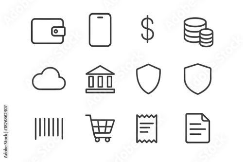 Digital Wallet Icons. Digital wallet. Line icon set of digital wallet: wallet, mobile phone, credit card, dollar sign, coin stack, cloud, bank, shield,