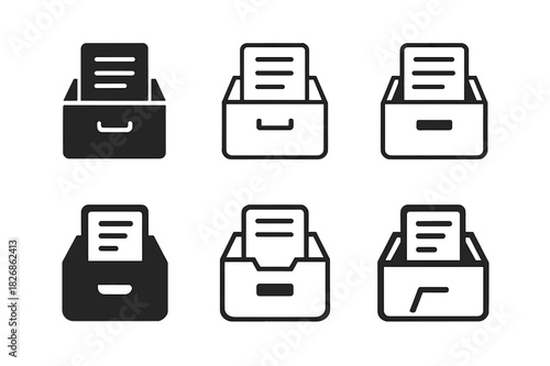 Filing Cabinet Icons. Filing documents in a filing cabinet. Icon set. Set Logo of Filing documents in a filing cabinet: Open cabinet. harmonious logo