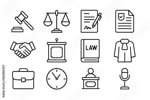 Dispute Resolution Icons. Dispute resolution. Line icon set of Dispute resolution: gavel, balance scales, contract, legal document, handshake, courtroom