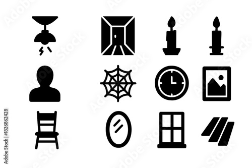 Haunted Hallway Icons. Haunted Hallway. Solid icon set of Haunted Hallway: flickering light, long corridor, door, candle, shadow, cobweb, clock, picture frame,