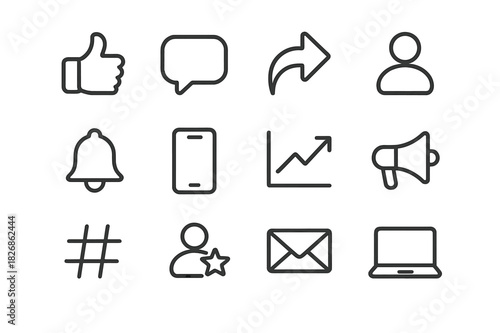 Audience Engagement Icons. Audience engagement. Line icon set of Audience engagement: like button, comment bubble, share icon, follower silhouette,