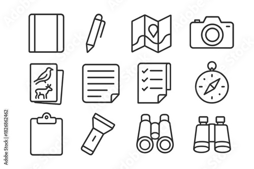 Field Journal Icons. Field Journal. Line icon set of Field Journal: notebook, pen, map, camera, GPS, wildlife sketches, observation notes, checklist, compass,