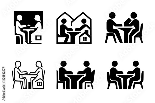 Lawyer Interaction Logos. Lawyers interacting with clients in various settings (offices, homes). Icon set. Set Logo of Lawyers interacting with clients in
