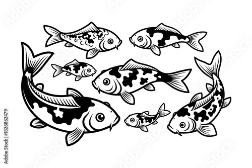 Collection of Black and White Koi Fish Illustrations.