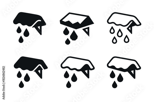 Melting Snow Logos. Melting snow off roof. Icon set. Set Logo of Melting snow off roof: snow guard brackets holding snow layer. harmonious logo variations of