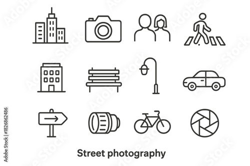 Street Photography Icons. Street photography. Line icon set of street photography: city skyline, camera, people, crosswalk, building, bench, light post, car,