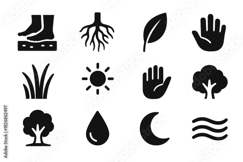 Earthing Practice Icons. Earthing practice. Solid icon set of earthing practice: feet on soil, roots, leaf, grass, sun, hand, tree, droplet, wave, pebble,