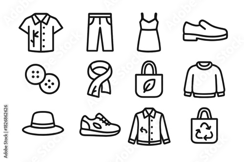 Plant-Based Fashion Icons. Plant-based fashion. Line icon set of Plant-based fashion: bamboo shirt, hemp pants, linen dress, cork shoes, wooden buttons,