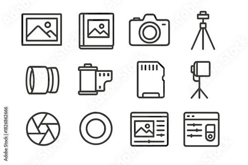 Artistic Photo Icon Set. Artistic photo collection. Line icon set of Artistic photo collection: photo frame, photo album, camera, tripod, lens, film roll,