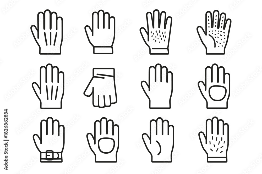 Fototapeta premium Fashion Gloves Icons. Fashion Leather Gloves. Line icon set of Fashion Leather Gloves: pair of gloves, cuff, stitching detail, palm texture, finger lines,