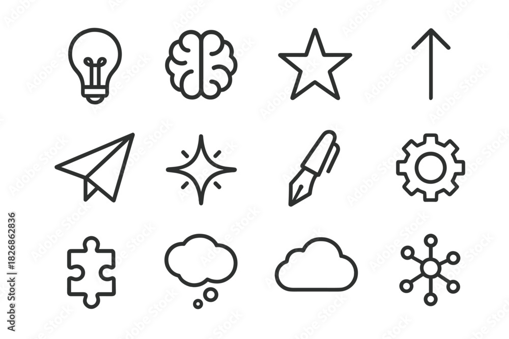 Fototapeta premium Idea Generation Icons. Idea generation. Line icon set of idea generation: light bulb, brain, star, arrow, paper plane, pen, spark, gear, puzzle, thought