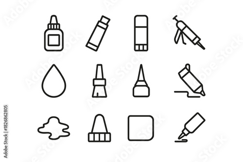 Office Adhesive Icons. Office adhesives. Line icon set of Office adhesives: adhesive bottle, glue tube, glue stick, caulking gun, glue drop, glue brush, nozzle