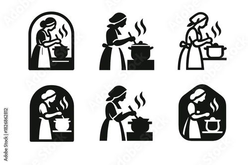 Farmhouse Cooking Icons. A farmer?s wife cooking a hearty meal in a farmhouse kitchen. Icon set. Set Logo of rustic home life: steaming pot of soup. harmonious