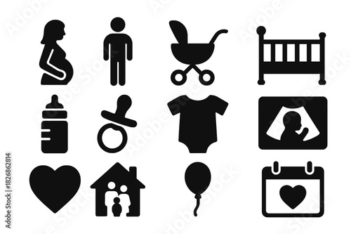 Baby Anticipation Icons. Anticipating baby. Solid icon set of Anticipating baby: pregnant mother, father, baby stroller, crib, baby bottle, pacifier, onesie,