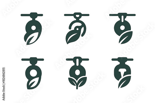 Adventure Park Logos. Outdoor adventure parks and zip-lining. Icon set. Set Logo of outdoor adventure parks and zip-lining: zip-line pulley wheel integrated