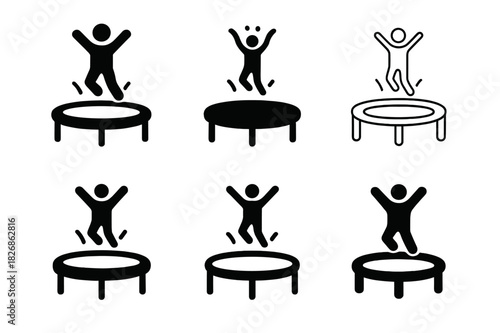Trampoline Logo Variations. Jumping on a trampoline in a backyard. Icon set. Set Logo of outdoor fun: trampoline frame with bounce motion. harmonious logo