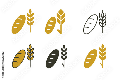 Fresh Bread Icons. fresh bread. Icon set. Set Logo of fresh bread: baguette and wheat stalk. harmonious logo variations of the same emblematic concept, each