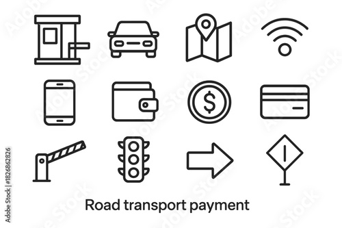 Road Payment Icons. Road transport payment. Line icon set of road transport payment: toll booth, car, map, NFC, smartphone, wallet, coin, card, barrier,