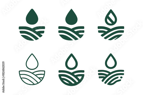 Irrigation System Icons. Water-efficient irrigation systems. Icon set. Set Logo of irrigation: soil with efficient water lines. harmonious logo variations of