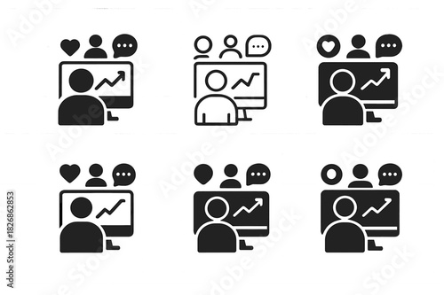 Digital Marketing Logos. A digital marketing expert analyzing social media performance on a computer. Icon set. Set Logo of a digital marketing