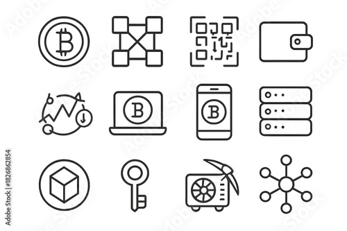 Digital Currency Icons. Digital currency. Line icon set of Digital currency: cryptocurrency coin, blockchain, QR code, digital wallet, exchange chart, laptop,