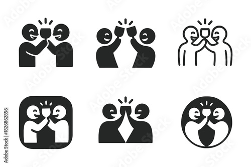 Joyful Connections Icons. People in moments of laughter and camaraderie. Icon set. Set Logo of joyful connection: friends clinking glasses. harmonious logo