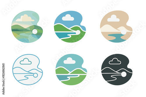 Watercolor Landscape Logos. Watercolor Landscape Painting. Icon set. Set Logo of Watercolor Landscape Painting: artist palette. harmonious logo variations of