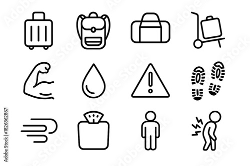 Essential Travel Icons. Heavy travel load. Line icon set of heavy travel load: suitcase, backpack, duffel bag, trolley, muscle arm, sweat drop, warning